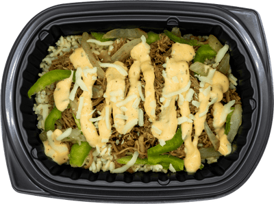 Shredded beef with peppers, onions, mozzarella, and creamy sauce over brown rice in a black meal tray.