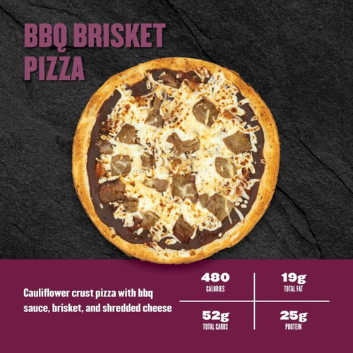 BBQ Brisket Pizza — Clean Eatz Kitchen cauliflower crust pizza with BBQ sauce, brisket, and shredded cheese; 480 calories, 19g fat, 52g carbs, 25g protein.