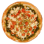 Pesto chicken margherita-style pizza topped with grilled chicken, diced tomatoes, and melted mozzarella on a golden crust.