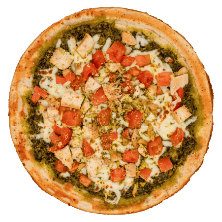 Pesto chicken margherita-style pizza topped with grilled chicken, diced tomatoes, and melted mozzarella on a golden crust.