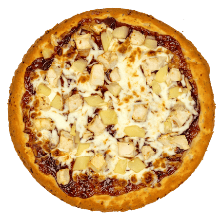 BBQ chicken pizza topped with grilled chicken and melted cheese on a barbecue sauce base with a golden crust.