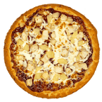 BBQ chicken pizza topped with grilled chicken and melted cheese on a barbecue sauce base with a golden crust.