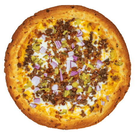 Cheeseburger-style pizza topped with seasoned ground beef, diced pickles, and red onion over melted cheese on a golden crust.