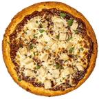 Bourbon chicken pizza topped with diced chicken, melted mozzarella, and bourbon-style sauce on a golden crust.
