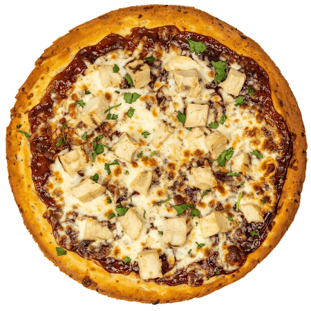 Bourbon chicken pizza topped with diced chicken, melted mozzarella, and bourbon-style sauce on a golden crust.