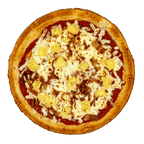 Pizza topped with tomato sauce, mozzarella cheese, bacon pieces, and pineapple chunks on a golden crust.