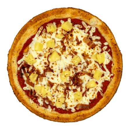 Pizza topped with tomato sauce, mozzarella cheese, bacon pieces, and pineapple chunks on a golden crust.