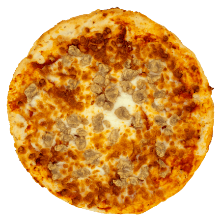 Pizza topped with chicken sausage, tomato sauce, and melted mozzarella cheese on a golden crust.