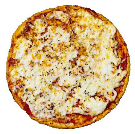 Cheese pizza with tomato sauce and melted mozzarella cheese on a golden crust.