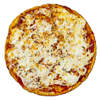 Cheese pizza with tomato sauce and melted mozzarella cheese on a golden crust.