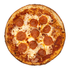 Pepperoni pizza with tomato sauce and melted mozzarella cheese on a golden crust.