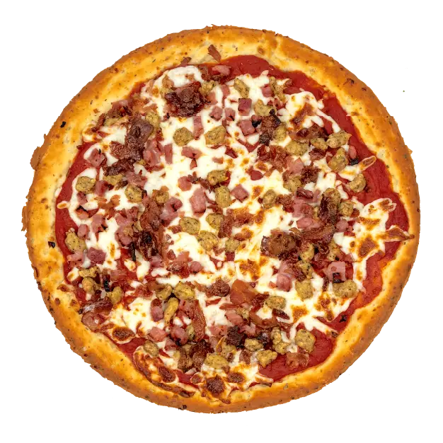 Meat lovers pizza topped with tomato sauce, melted mozzarella cheese, bacon, ham, sausage, and pepperoni on a golden crust.