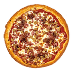 Meat lovers pizza topped with tomato sauce, melted mozzarella cheese, bacon, ham, sausage, and pepperoni on a golden crust.