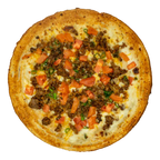 Taco pizza topped with seasoned ground beef, melted cheese, diced tomatoes, and green onions on a golden crust.