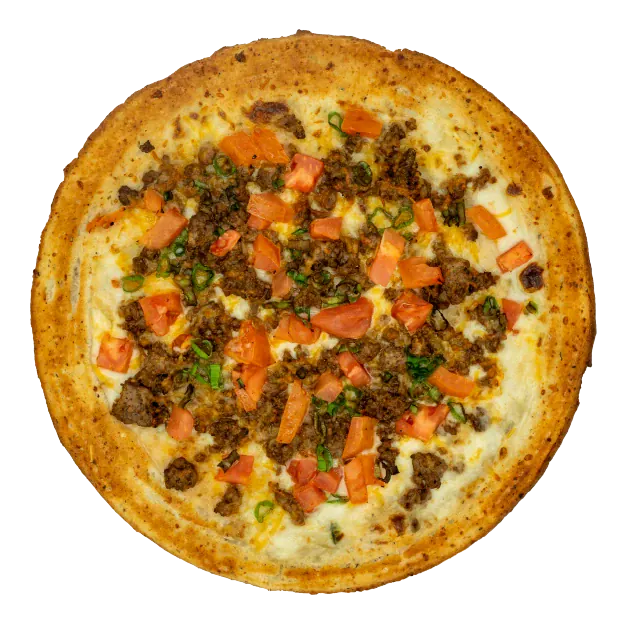 Taco pizza topped with seasoned ground beef, melted cheese, diced tomatoes, and green onions on a golden crust.