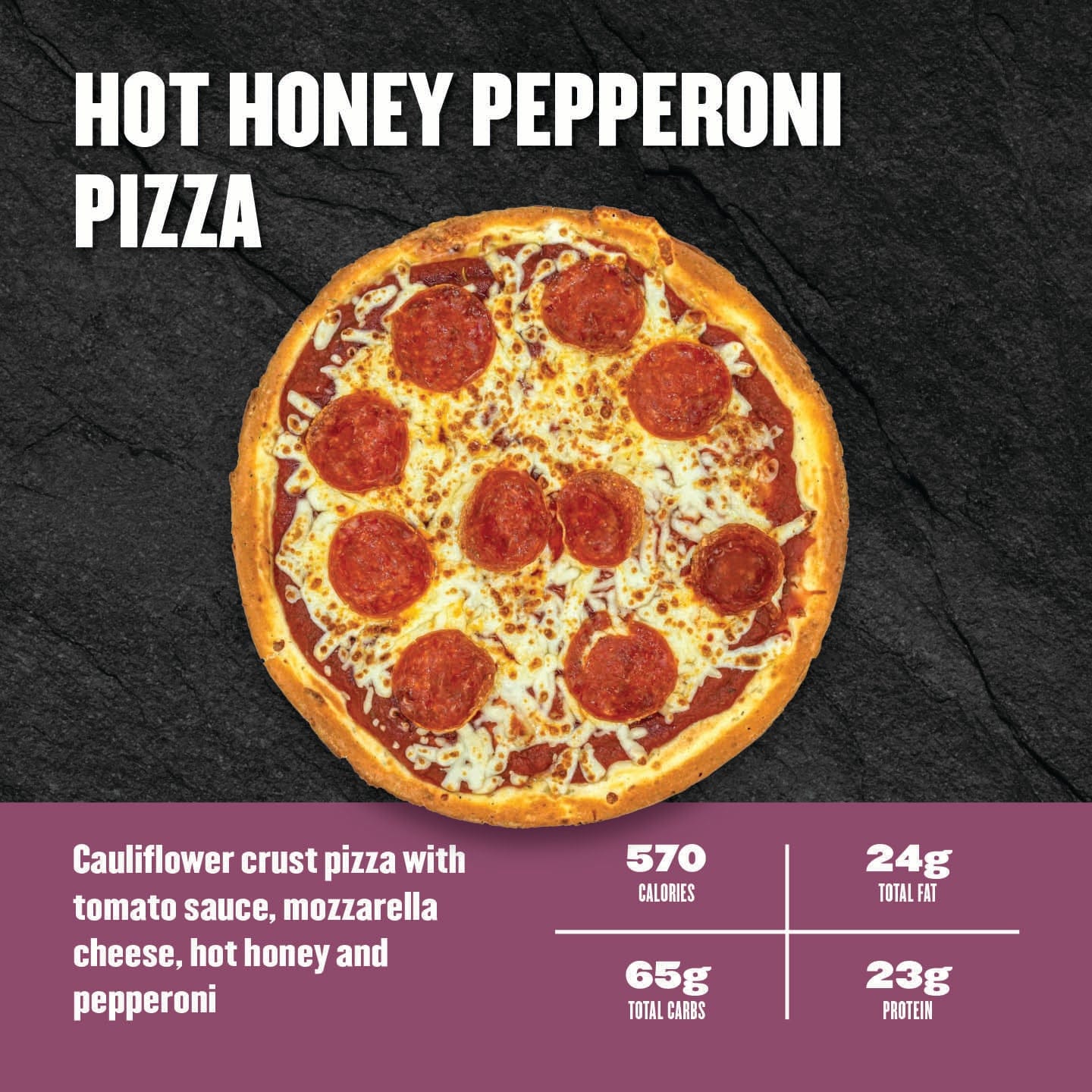 Clean Eatz Kitchen Hot Honey Pepperoni pizza on cauliflower crust with mozzarella and spicy honey