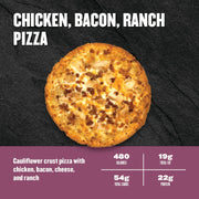 Clean Eatz Kitchen Chicken Bacon Ranch pizza on cauliflower crust with bacon, ranch and cheese, high-protein