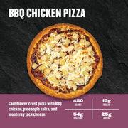 Clean Eatz Kitchen BBQ Chicken Pizza on cauliflower crust with pineapple salsa and Monterey Jack, high-protein