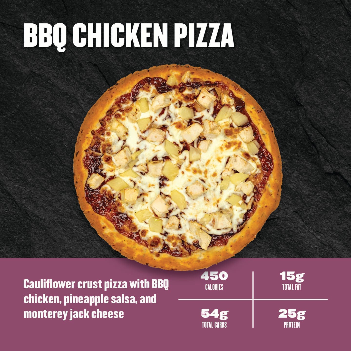 Clean Eatz Kitchen BBQ Chicken Pizza on cauliflower crust with pineapple salsa and Monterey Jack, high-protein