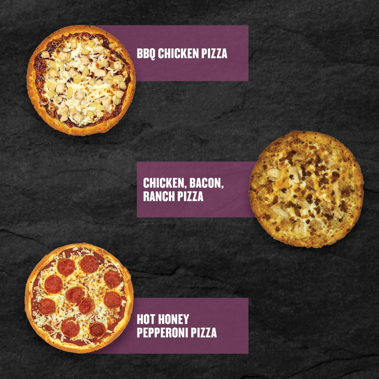 Trio of Clean Eatz Kitchen cauliflower-crust pizzas: BBQ Chicken, Chicken Bacon Ranch, Hot Honey Pepperoni