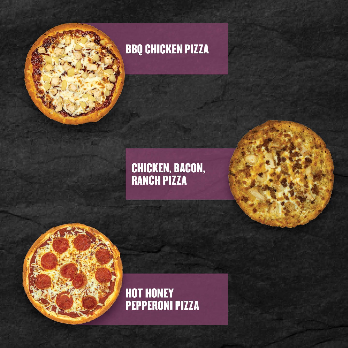 Trio of Clean Eatz Kitchen cauliflower-crust pizzas: BBQ Chicken, Chicken Bacon Ranch, Hot Honey Pepperoni