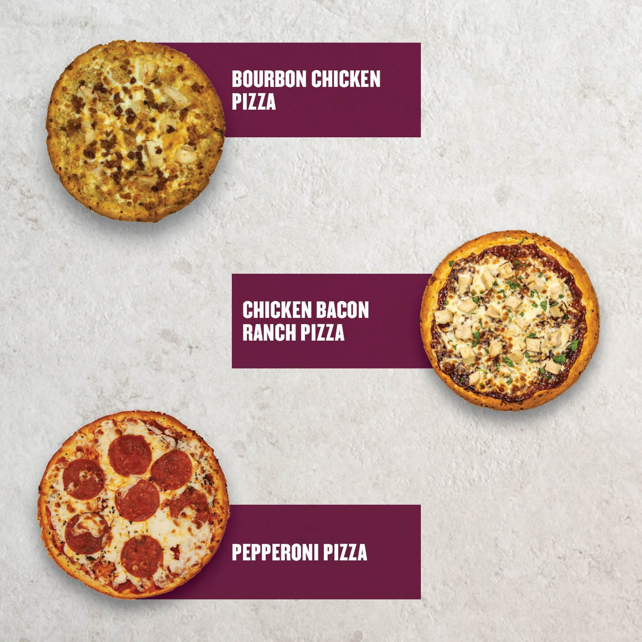 Clean Eatz Kitchen pizza variety pack featuring three delicious pizzas: Bourbon Chicken Pizza, Chicken Bacon Ranch Pizza, and Pepperoni Pizza. Perfect for meal prep, low-carb, and high-protein pizza options. Ideal for clean eating and healthy lifestyle choices from Clean Eatz Kitchen.