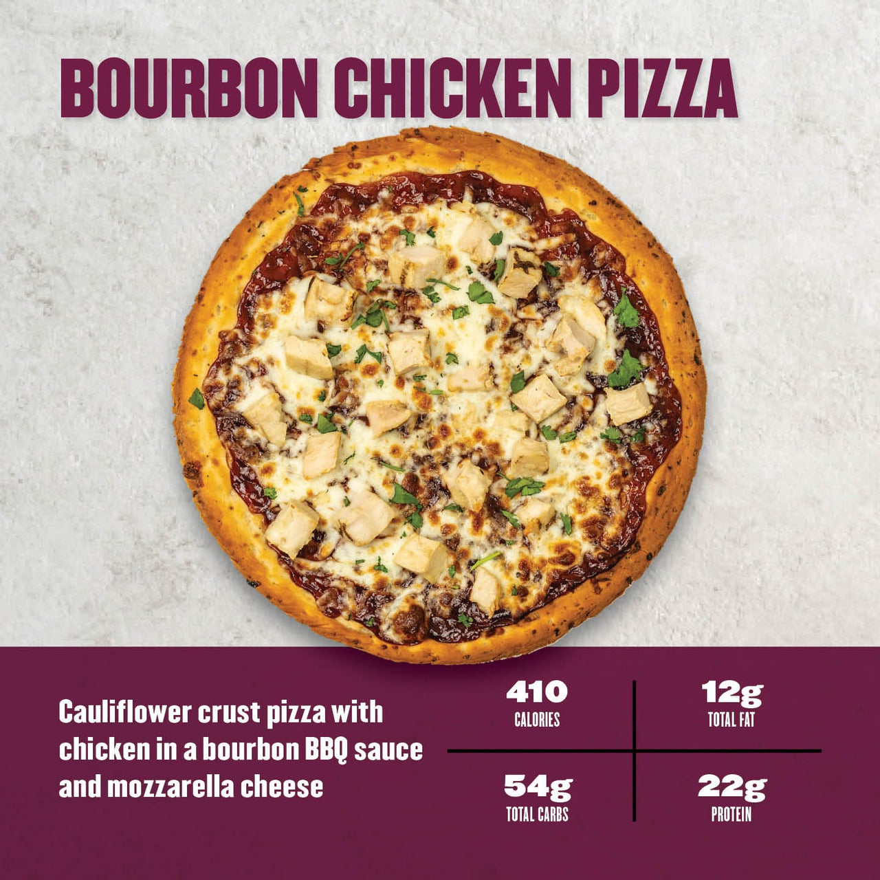 Irresistible Bourbon Chicken Pizza from Clean Eatz Kitchen with a flavorful cauliflower crust, juicy chicken chunks in bourbon BBQ sauce, and melted mozzarella cheese. Mouthwatering bourbon BBQ chicken pizza with 410 calories, 12g total fat, 54g total carbs, and 22g protein. Clean Eatz Kitchen pizza for guilt-free indulgence and protein-packed meals.