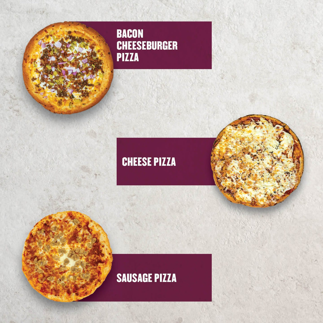 "Trio of cauliflower crust pizzas from Clean Eatz Kitchen including Bacon Cheeseburger, Cheese, and Sausage pizzas—high-protein, gluten-free frozen meals."