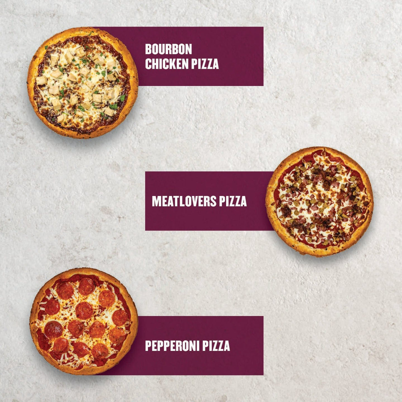 Three cauliflower crust pizzas from Clean Eatz Kitchen: Bourbon Chicken Pizza, Meatlovers Pizza, and Pepperoni Pizza displayed on a light background with purple labels.
