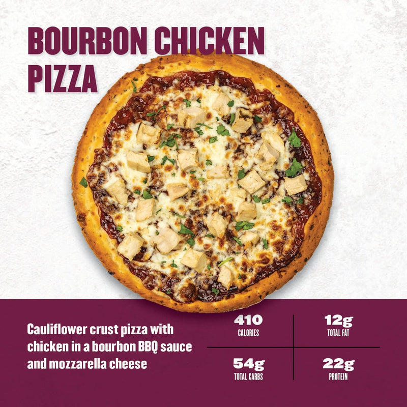 Cauliflower crust pizza topped with diced chicken, bourbon BBQ sauce, and melted mozzarella cheese from Clean Eatz Kitchen.
