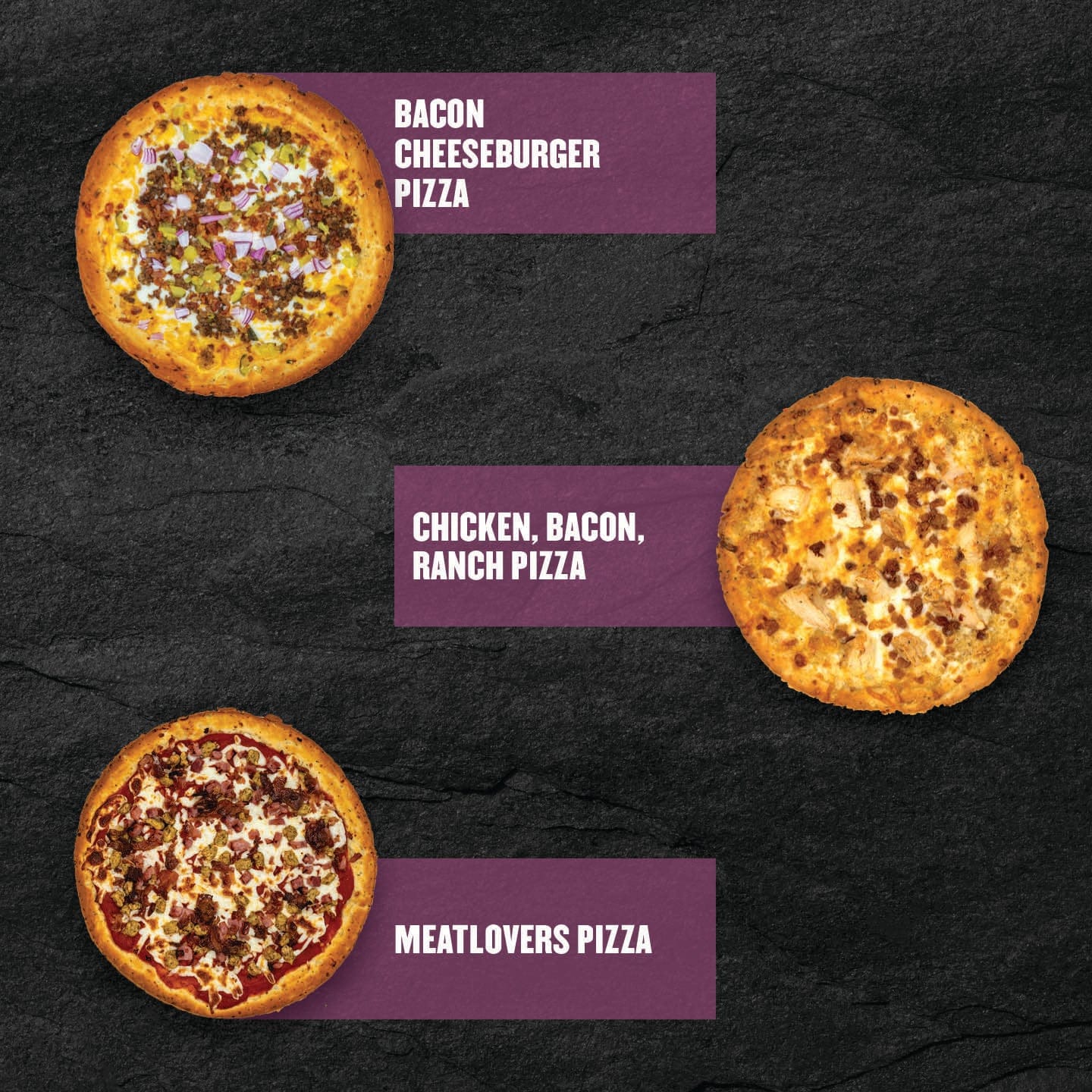 Clean Eatz Kitchen frozen protein pizzas including Bacon Cheeseburger Pizza, Chicken Bacon Ranch Pizza, and Meatlovers Pizza—loaded with flavor and made with a high-protein crust for a macro-balanced, convenient meal option.