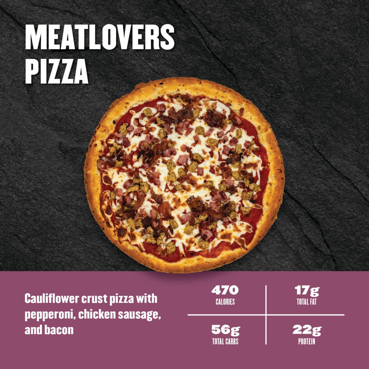 Meatlovers pizza on a cauliflower crust, topped with pepperoni, chicken sausage, bacon, and mozzarella cheese from Clean Eatz Kitchen.