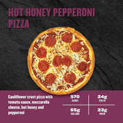 Hot Honey Pepperoni Pizza — Clean Eatz Kitchen cauliflower crust pizza with tomato sauce, mozzarella cheese, hot honey, and pepperoni; 570 calories, 24g fat, 65g carbs, 23g protein.