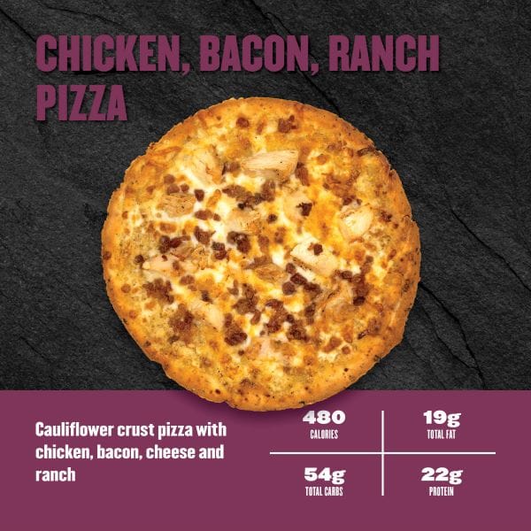 Chicken, Bacon, Ranch Pizza — Clean Eatz Kitchen cauliflower crust pizza with chicken, bacon, cheese, and ranch; 480 calories, 19g fat, 54g carbs, 22g protein.
