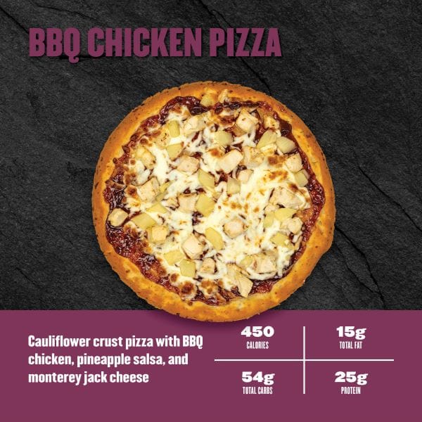 BBQ Chicken Pizza — Clean Eatz Kitchen cauliflower crust pizza with BBQ chicken, pineapple salsa, and monterey jack cheese; 450 calories, 15g fat, 54g carbs, 25g protein.