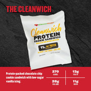 Cleanwich protein cookie sandwich package on a dark background with nutritional information.