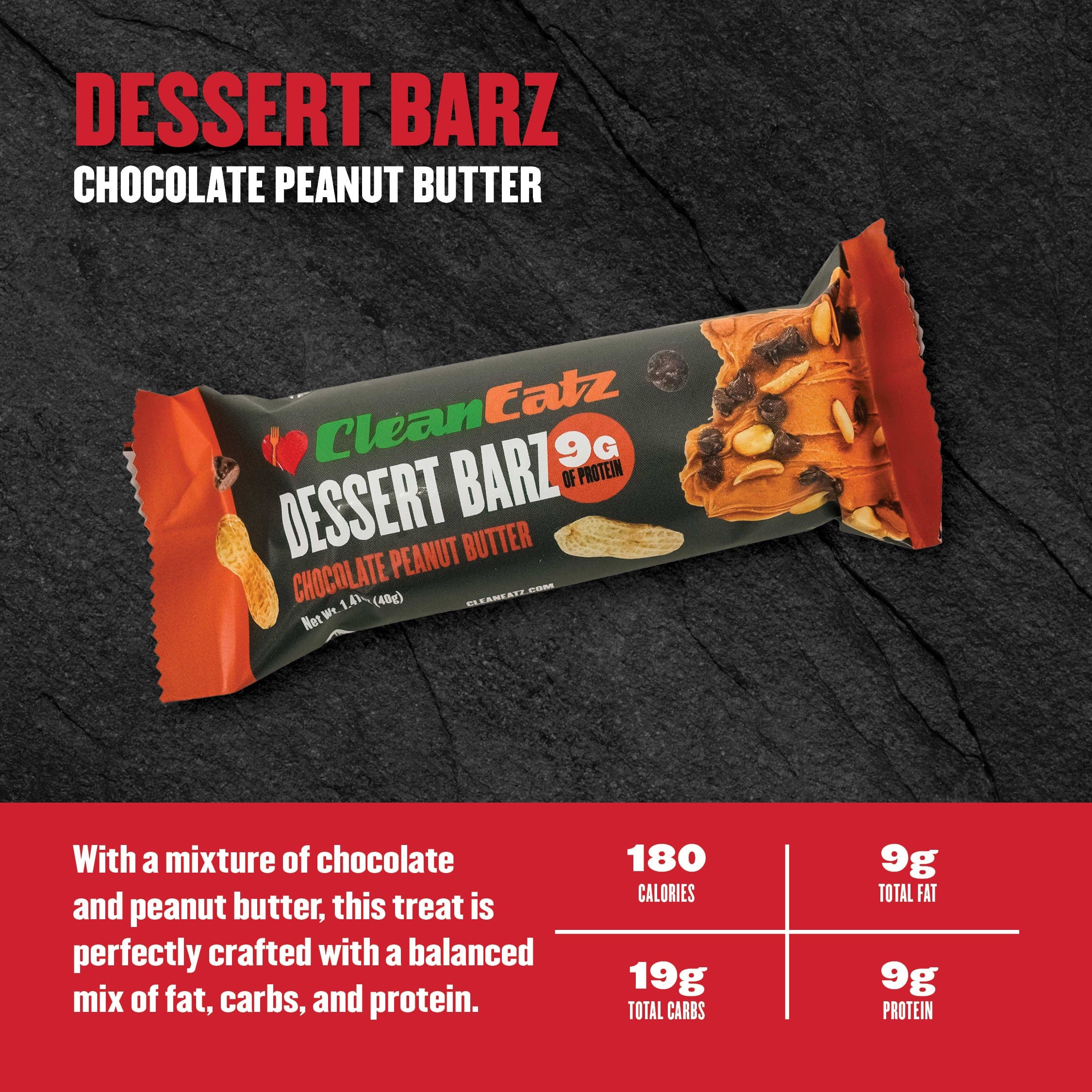 Chocolate Peanut Butter Dessert Barz packaging on a dark background with nutritional information.