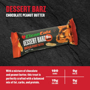 Chocolate Peanut Butter Dessert Barz packaging on a dark background with nutritional information.