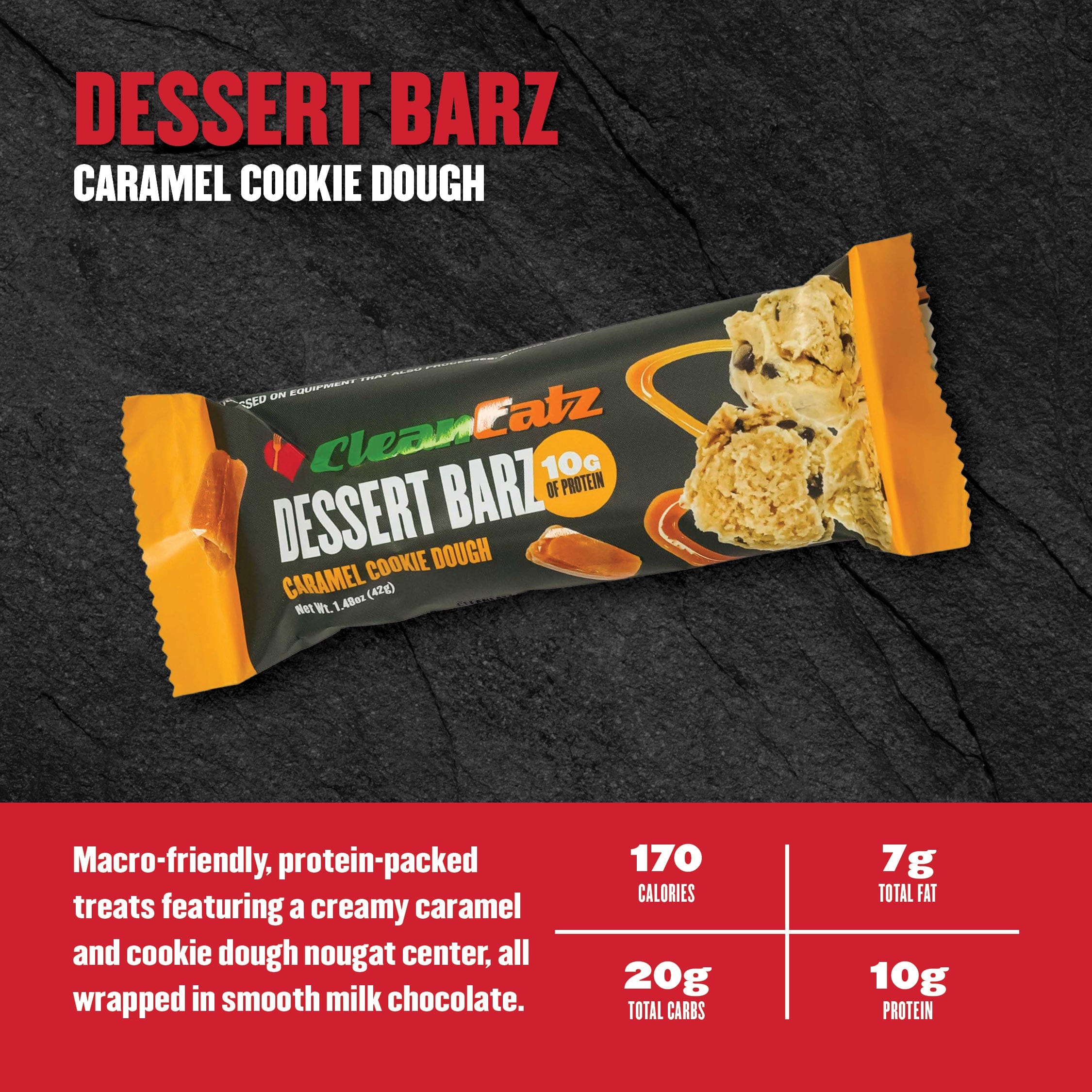 Dessert Barz Caramel Cookie Dough bar packaging on a dark background