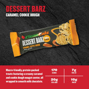 Dessert Barz Caramel Cookie Dough bar packaging on a dark background