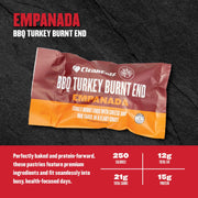 Empanada packaging with branding and nutritional information on a dark background