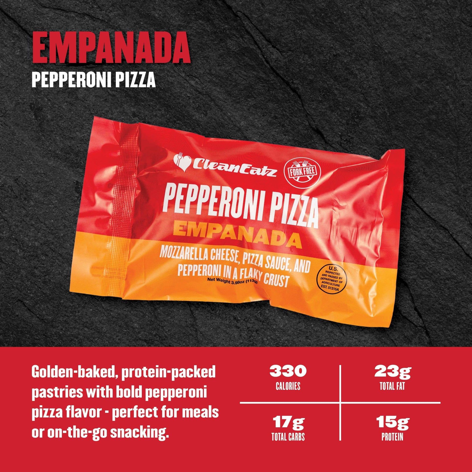 Clean Eatz Pepperoni Pizza Empanada packaging on a dark textured background with nutritional information.