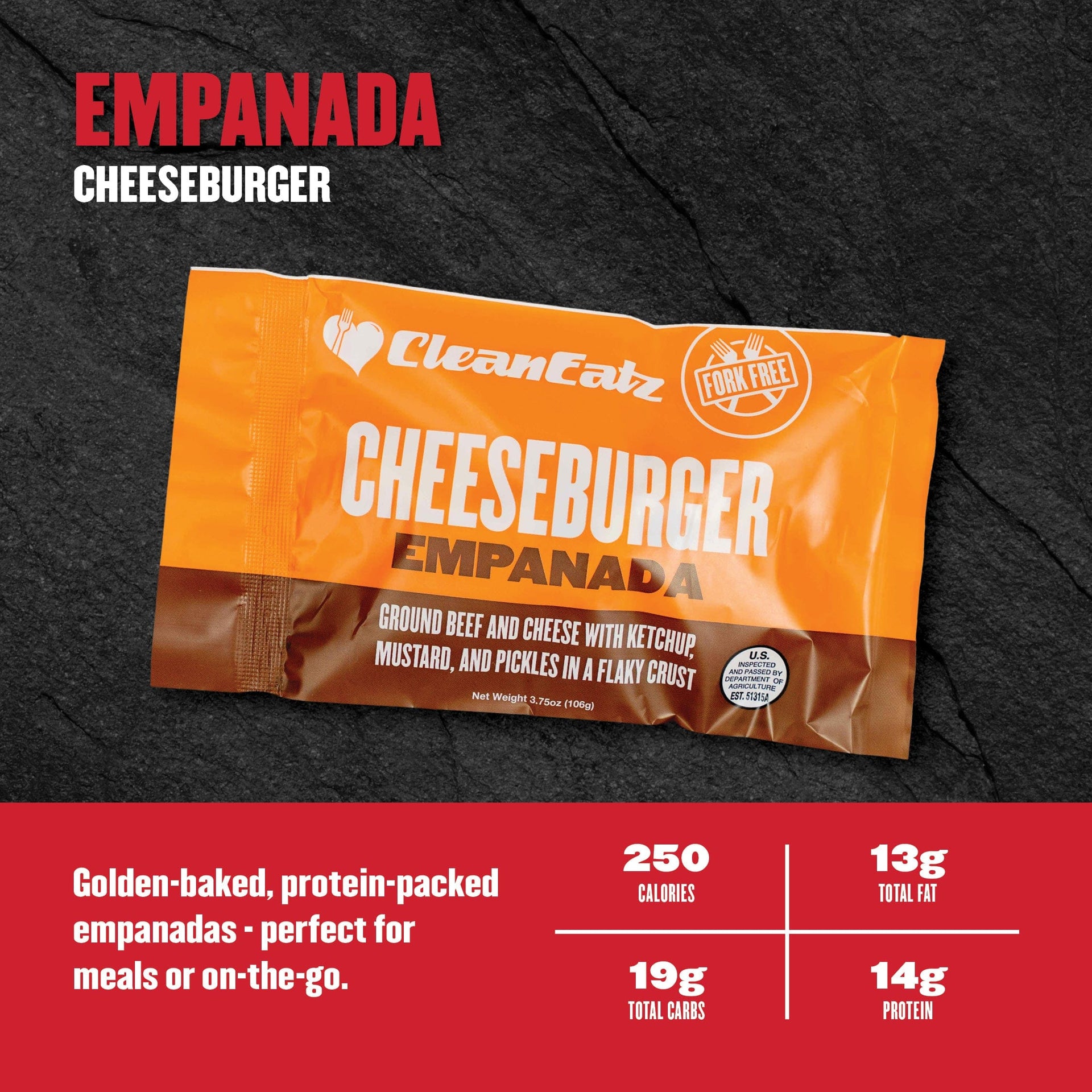 Empanada cheeseburger package with branding and nutritional information on a dark background