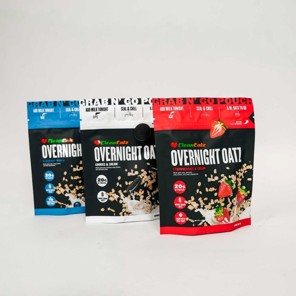 Clean Eatz Overnight Oatz in three flavors – Blueberry Muffin, Cookies & Cream, and Strawberries & Cream – high protein oats with no added sugar