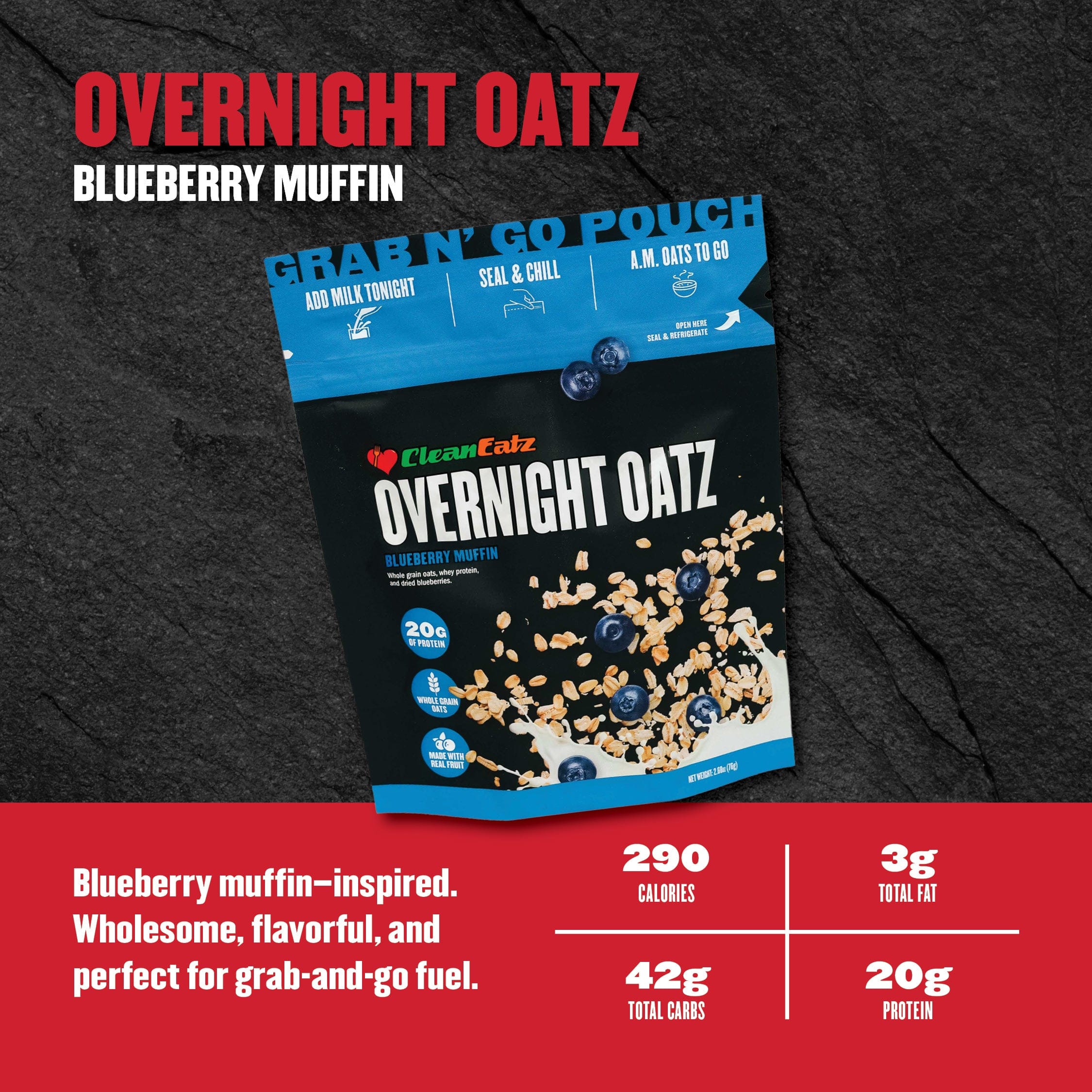 Package of Clean Eatz Overnight Oatz Blueberry Muffin on a dark background