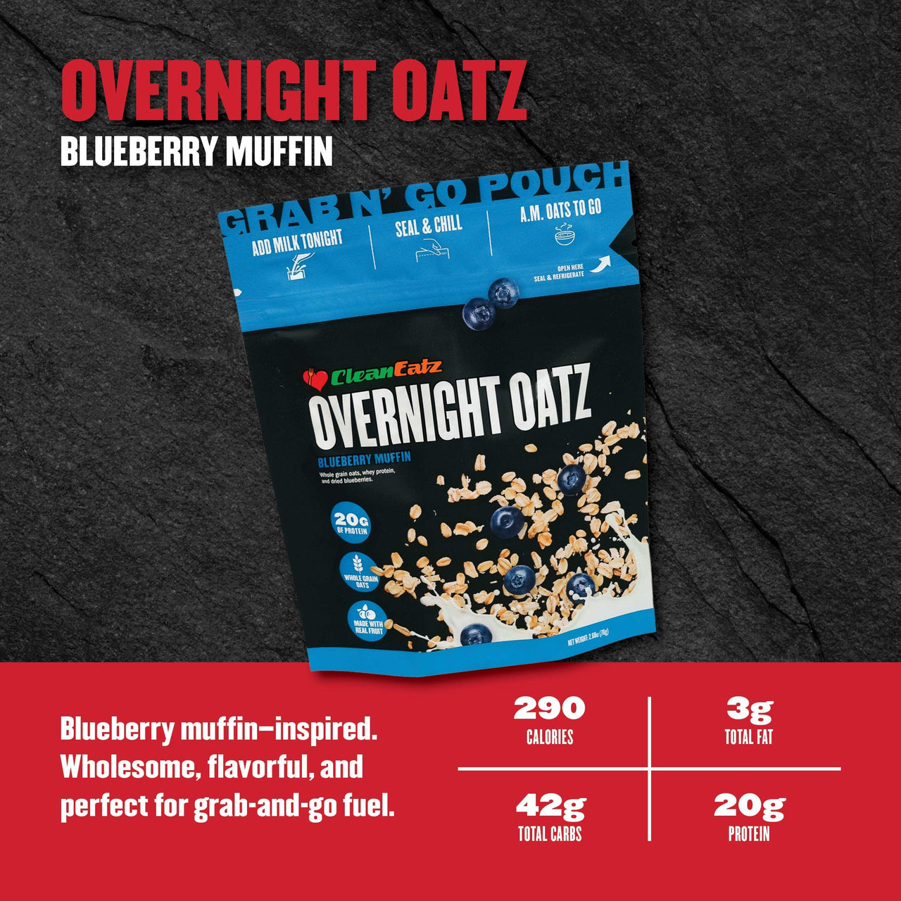 Package of Clean Eatz Overnight Oatz Blueberry Muffin on a dark background