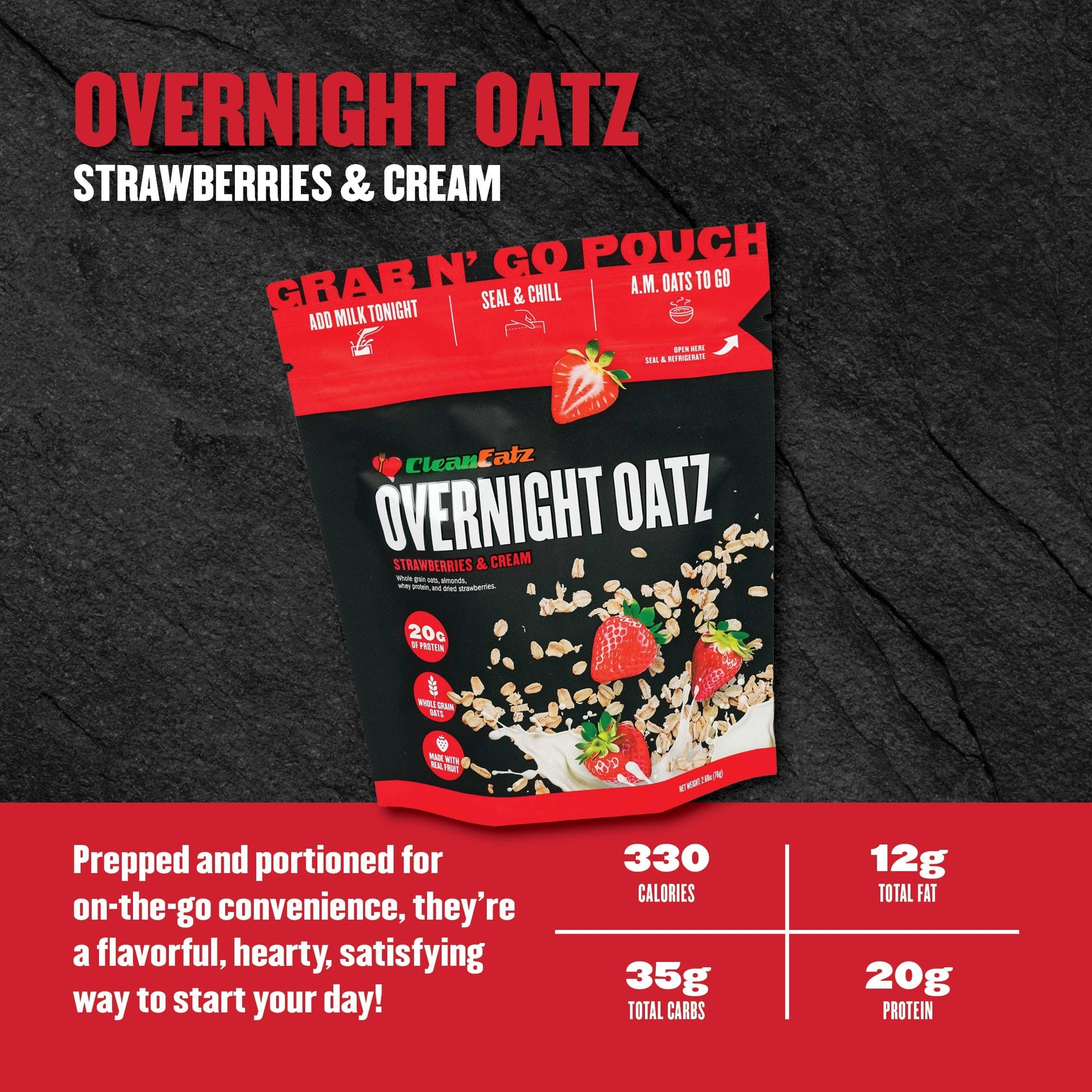 Overnight Oatz Strawberries & Cream Grab 'N' Go Pouch on a dark background