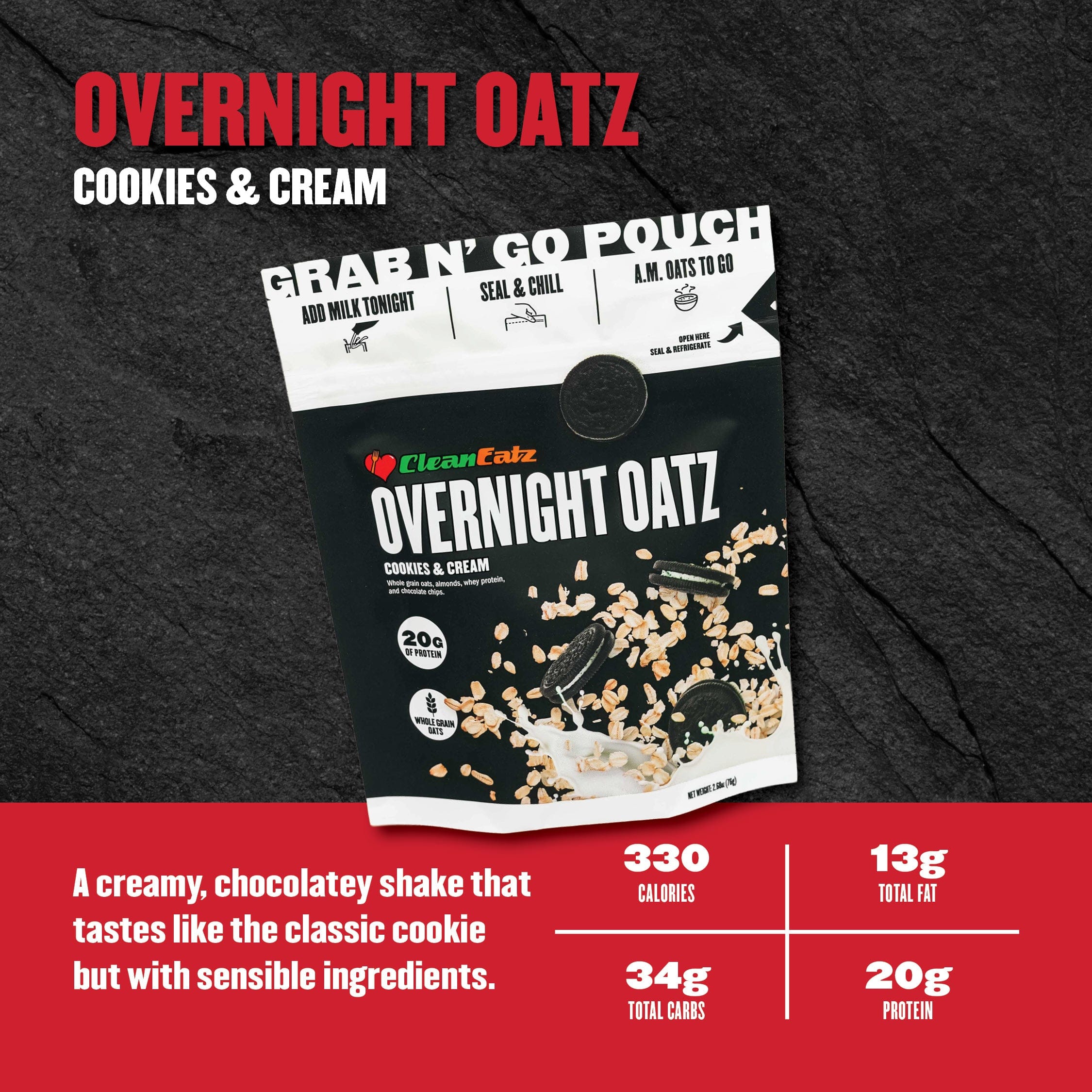 Packaging of Overnight Oatz Cookies & Cream on a dark background with nutritional information displayed.