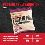 Protein PB&J Sandwich (Grape) — protein peanut butter and grape jelly on whole-grain bread; 250 calories, 10g fat, 28g carbs, 11g protein.