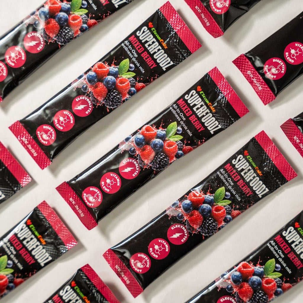 Superfood mixed berry packs arranged in a grid on a white background